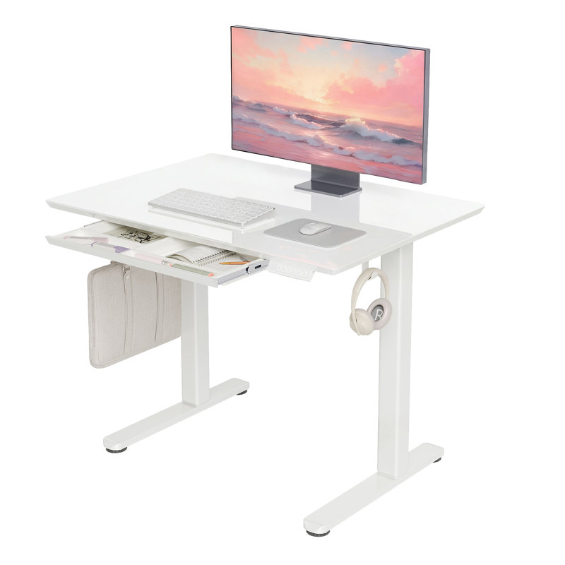 Ashya Ergonomic Glass Top Height Adjustable Standing Desk with Drawer and Hooks, 46.5" H x 48" W x 24" D, White