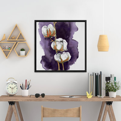 Toile encadrée fleurs blanches | Décor aquarelle de coton mauve