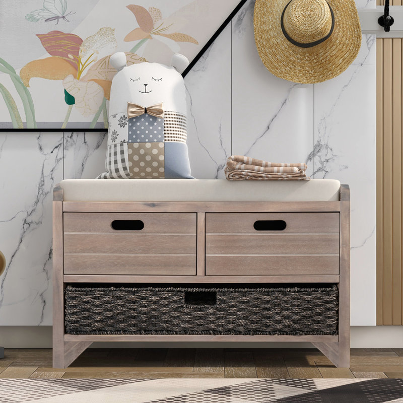 Versatile Use Wood Shoe Storage Bench with Removable Basket and 2 Drawers, White Washed