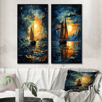 Clair de lune, bateau à voile, horizon I - ensemble de 2 impressions sur toile
