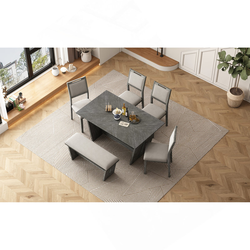 Labannah 6-Piece Wooden Dining Set with 4 Upholstered Chairs & Bench, Gray