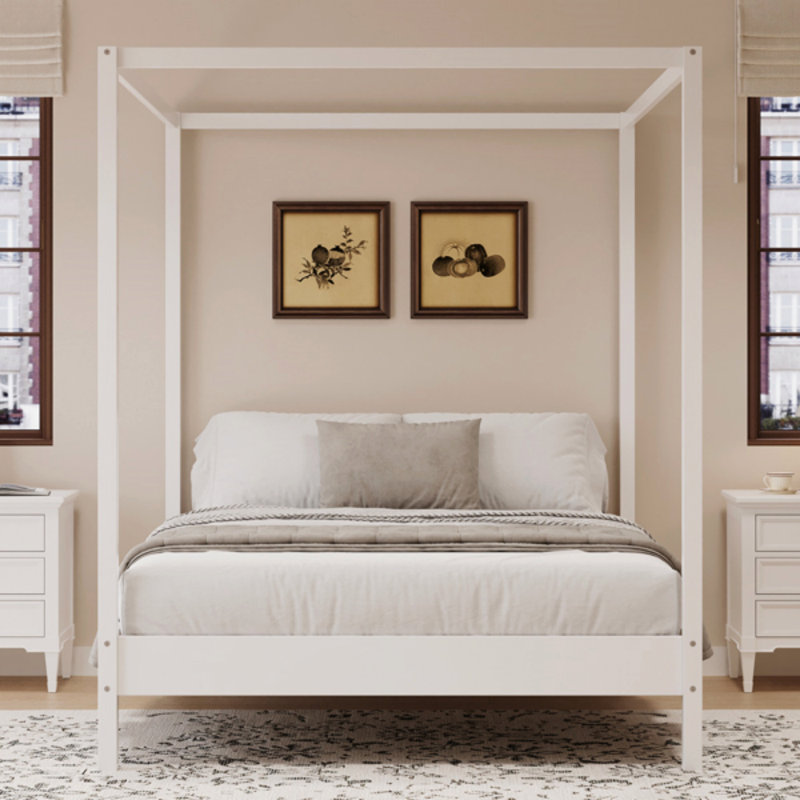 Solid Wood Canopy Bed Frame Four Poster Platform Bed With Slats Support, No Box Spring Needed, Bed Frame, Queen