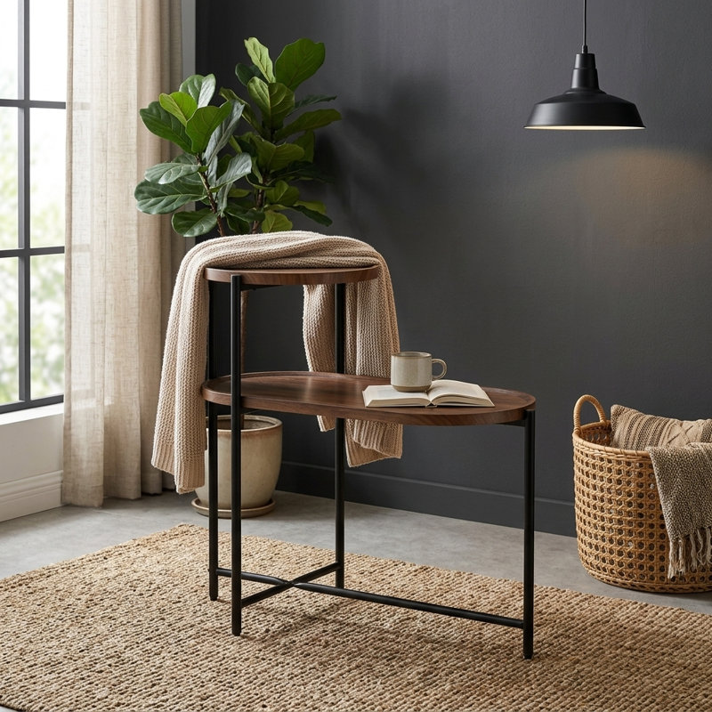 Petites tables basses Canapé moderne à 2 niveaux avec tablette de rangement et tables de bout en bois, Walnut Brown