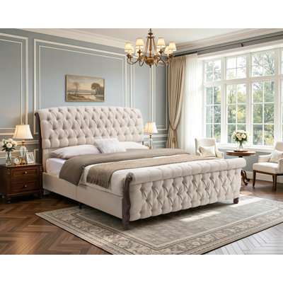 Dulane California King Size Tufted Upholstered Sleigh Bed, Modern Chenille Platform Bed Frame, No Box Spring Required, Cream
