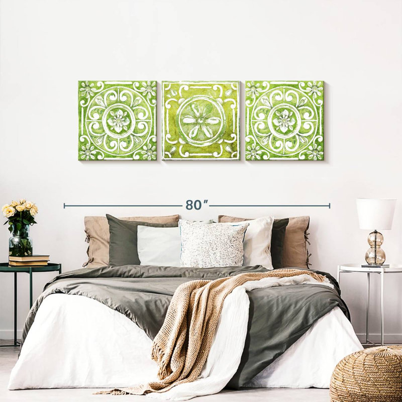 Motif de tuiles ornementales vertes, ensemble de 3 pièces sur toile par Lulu, H 24 po x l 74 po x P 1,25 po