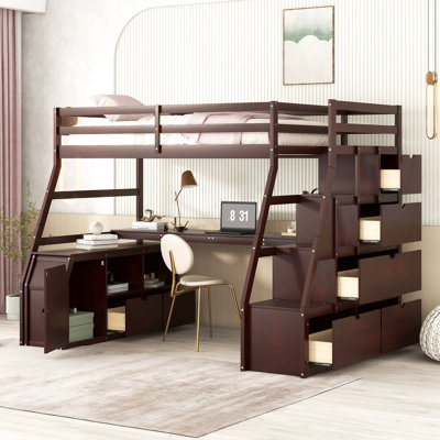 Lit mezzanine pour lit simple de couleur, 7 tiroirs, 2 tablettes et bureau de rangement pour pièces de monnaie, stable avec bureau, construction en pin