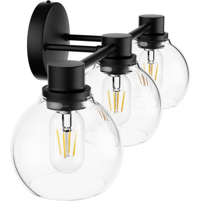 Industrial Bathroom Vanity Lighting Fixtures With Clear Glass Globes, Matte Black Finish, 3-Light Wall Sconce For Farmhouse And Modern Decor