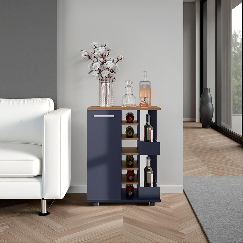 Chariot-bar, deux tablettes extérieures, quatre roulettes, six supports à vin intégrés, armoire à une porte, chêne naturel, bleu