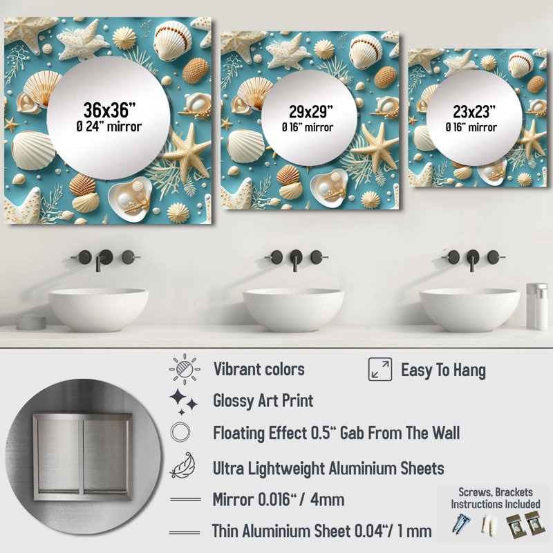 Motif côtier de coquillages côtiers - art abstrait carré en miroir pour salle de bain, 36 po x 36 po