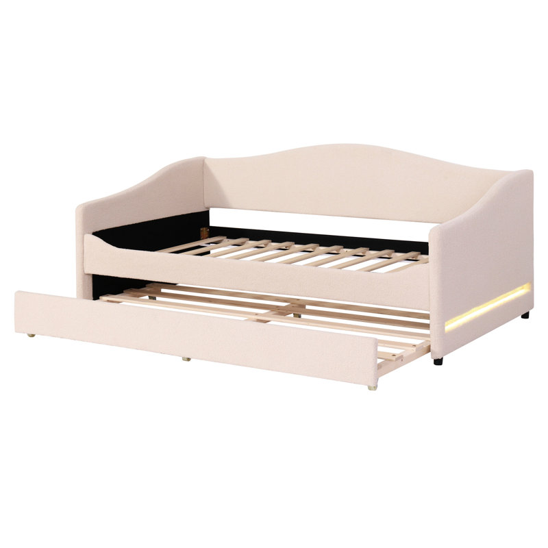 Lit de jour rembourré avec molleton beige et base de lit gigogne portative, Lit simple, Beige