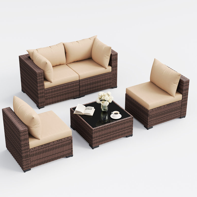 Ensemble de conversation de patio extérieur en osier 5 pièces avec coussins, Beige