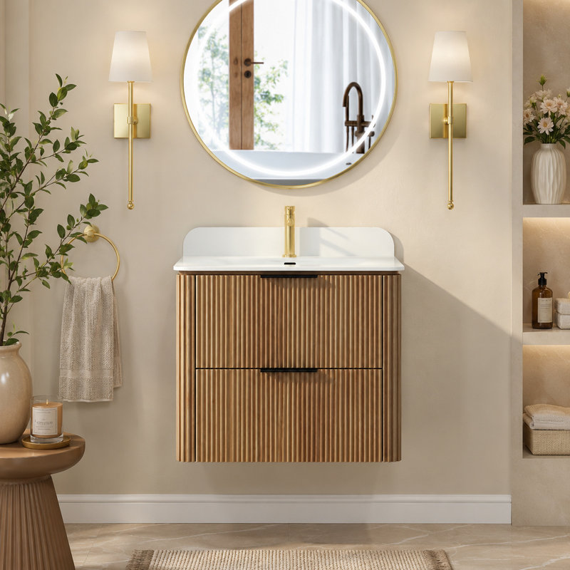 Ensemble de meuble-lavabo mural 24 "avec plateau en acrylique intégré et ensemble de meuble-lavabo mural cannelé en chêne naturel