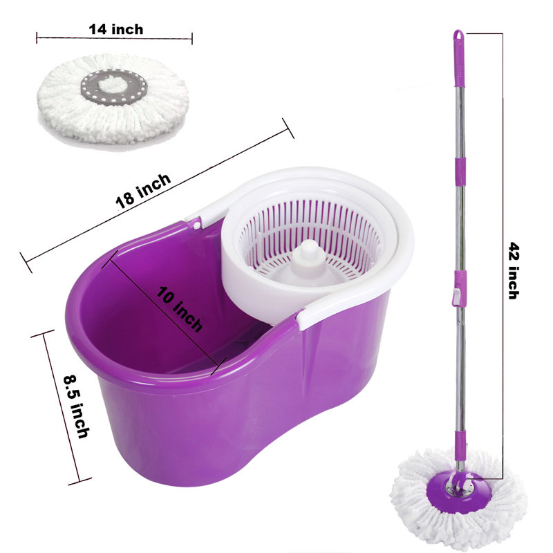360° Rotating Head Easy Spin Dry Floor Mop Bucket + 2x Head Microfiber Head, Purple