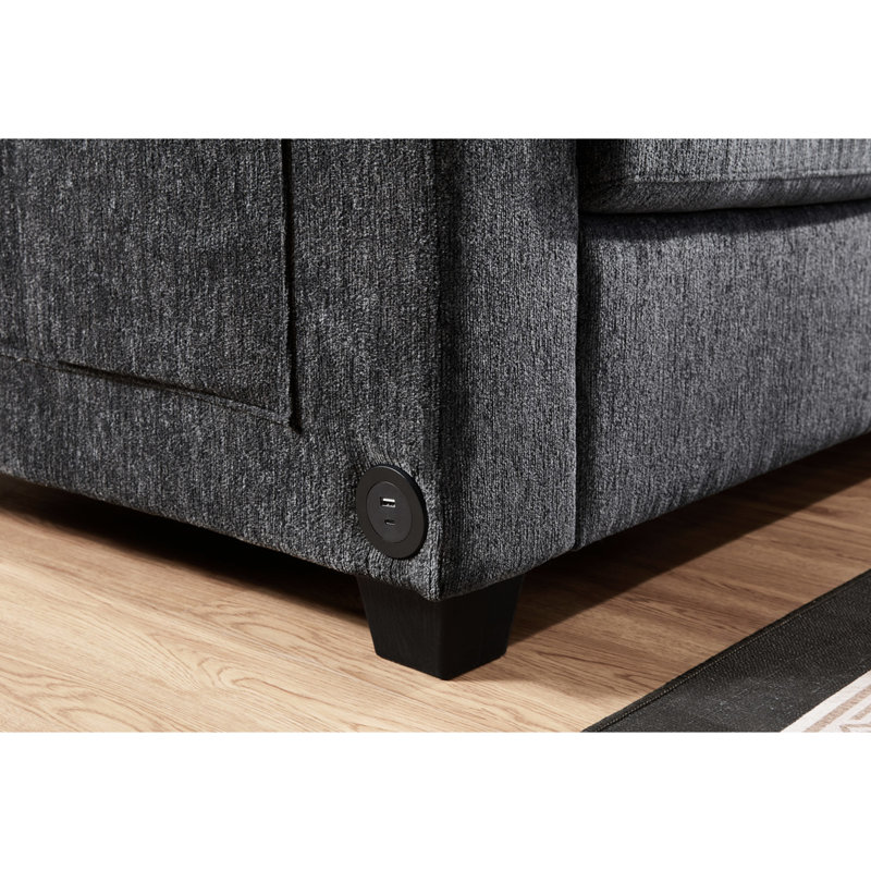 Trey 115"W Gray Chenille Sectional Sofa With Adjustable Backrest, Charging Ports, Pockets, Tufting, Storage Ottoman, Throw Pillows