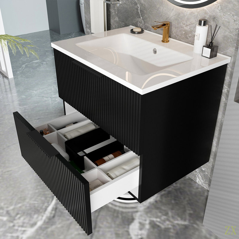 Meuble-lavabo 24 po avec lavabo en céramique - Meuble-lavabo mural flottant cannelé avec tiroirs, Noir mat, 24"