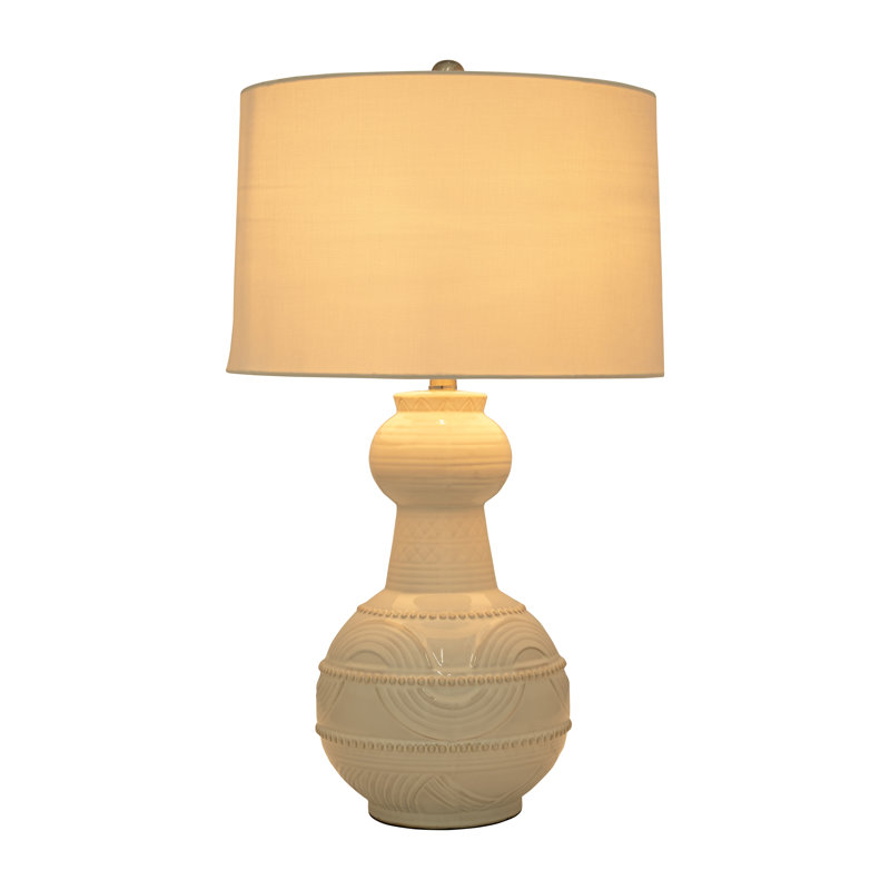 Chinyere Stoneware and Ceramic Table Lamp with Metal Accents and Fabric Shade, White