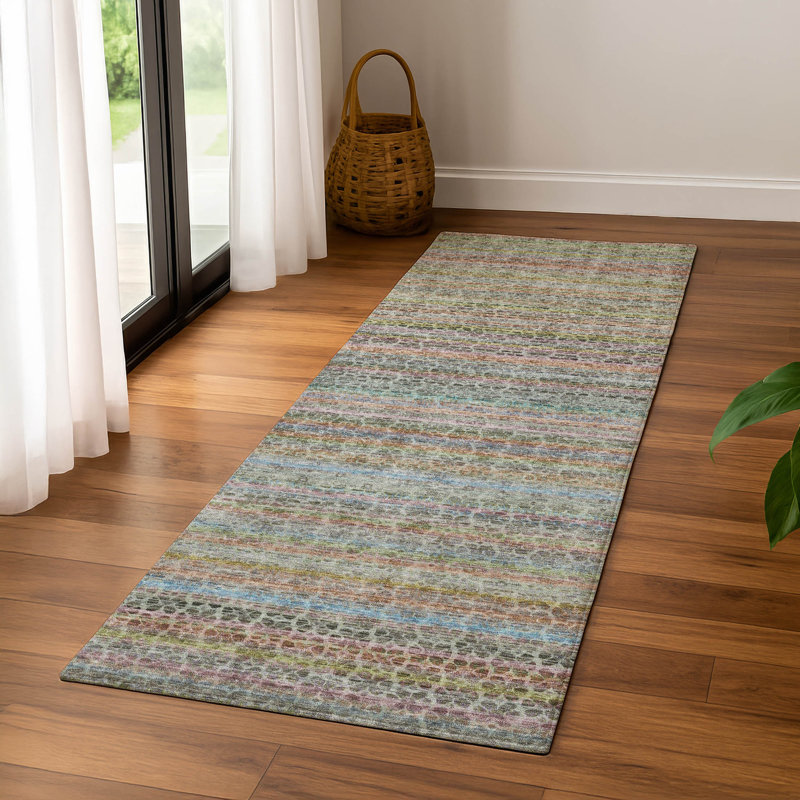 Premium Machine Washable Mayfield AMF2155 Striped Rug, Aqua, Runner 2'3" x 7'6"