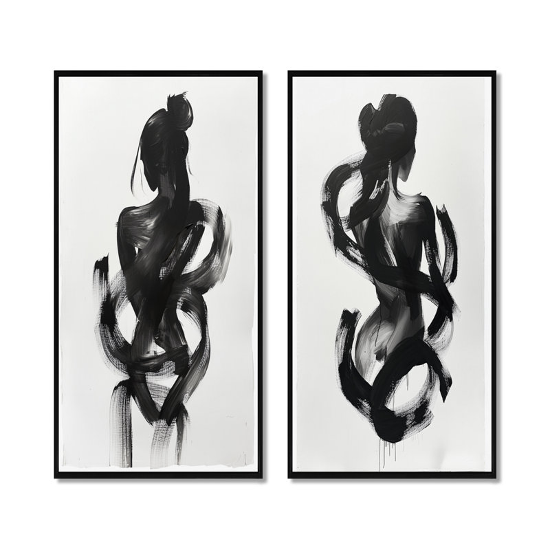 And Minimal Woman Silhouette I - Abstract Shapes Wall Art 2 Pieces Set, 32" H x 32" W, Black Floater Framed