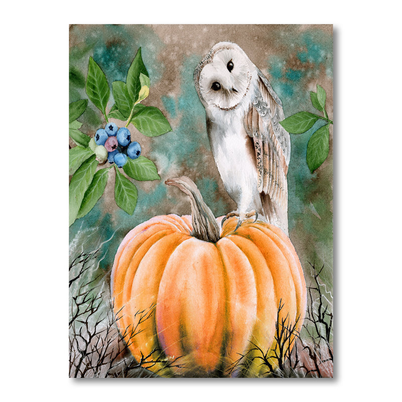 Chouette effraie assis sur une citrouille - reproduction sur toile, H 32 po x l 24 po x P 1 po, Toile tendue