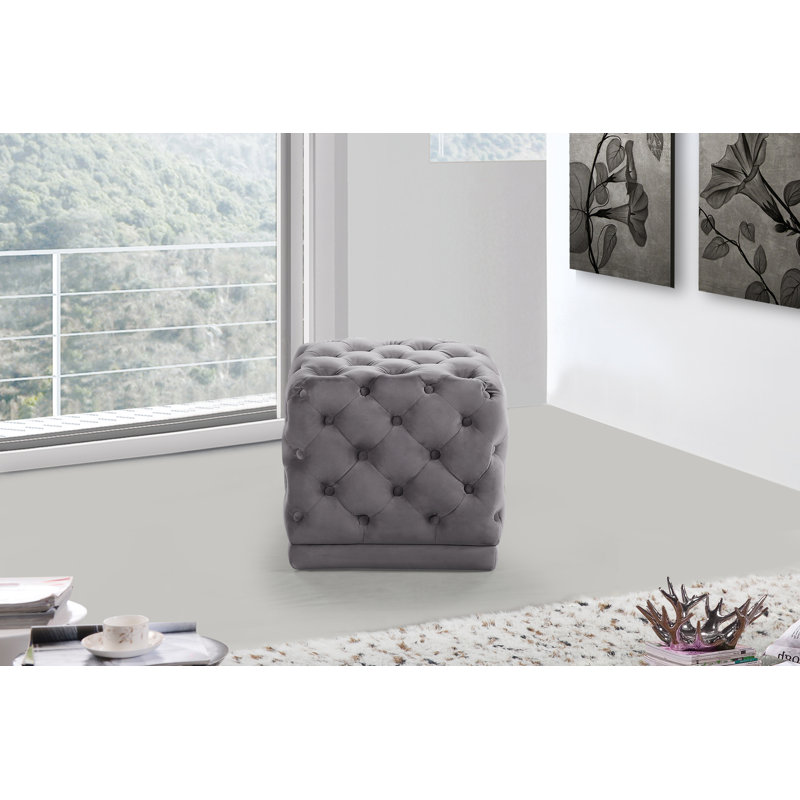 Stella 18" Wide Velvet Tufted Square Cube Ottoman, Grey Velvet