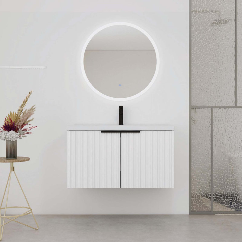 Meuble-lavabo mural de 36 pouces avec caractéristiques innovantes pour un rangement élégant, Blanc