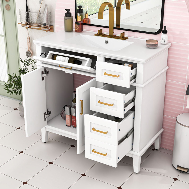 Meuble-lavabo chic 36 po avec lavabo en céramique, armoire à fermeture douce et 4 tiroirs, Blanc