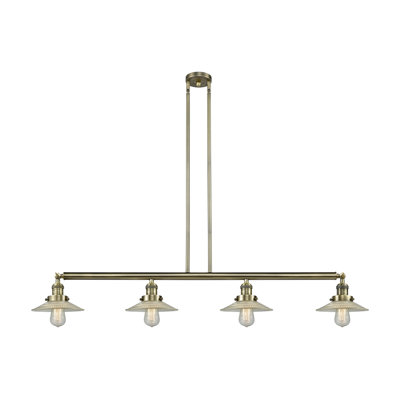 Halophane - 4 lumières - 53 pouces - Laiton antique - Tige suspendue - Îlot réglable