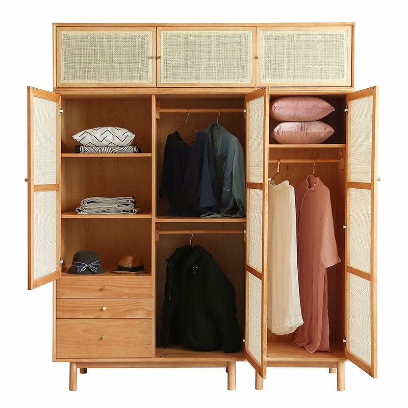 Armoire simple en bois massif et rotin tissé