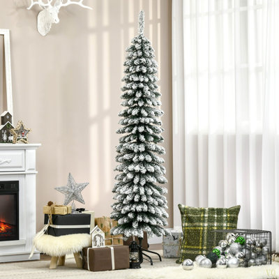 6' Tall Unlit Snow Flocked Artificial Christmas Tree, Slim Pencil Xmas Tree With Realistic Branches And 395 Tips,
