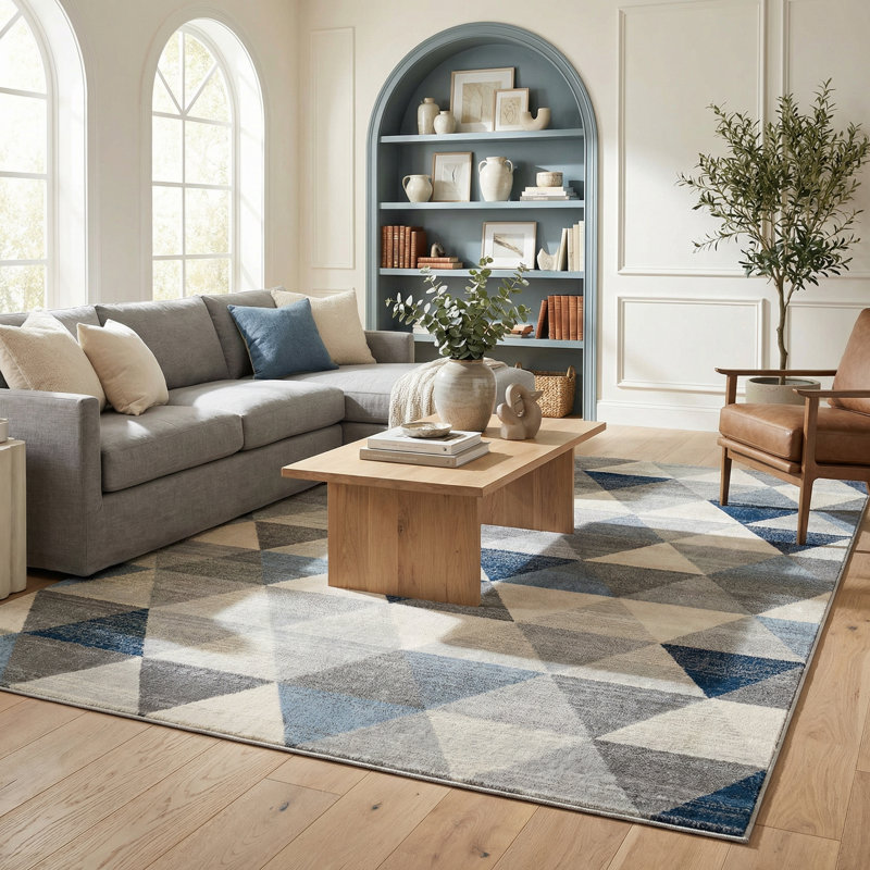 Rug Branch Eldin 7' x 10' (6'7" x 9'6") Blue/Beige Geometric Indoor Area Rug, Contemporary, Low Pile, Stain-Resistant Carpet - Living Room, Bedroom, Dining Room, and Kitchen