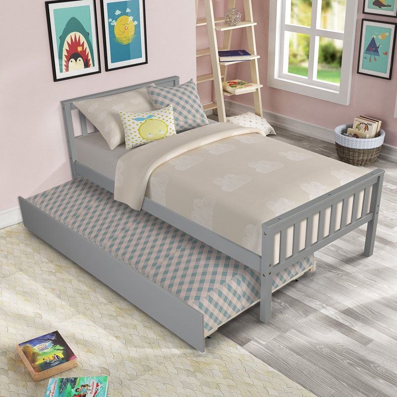 Grey Twin Platform Bed With Trundle Solid Pine Space Saver, Gray