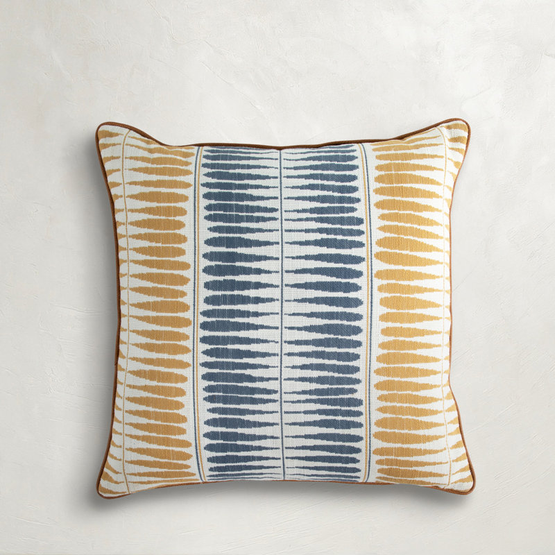 Coussin extérieur Dots Chambray, À rayures, Carré 20 po, Bleu; jaune
