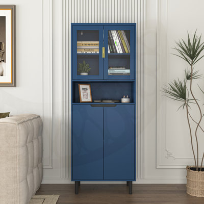Grande bibliothèque de rangement en verre trempé avec tablettes réglables, armoire peinte en MDF à 4 portes pour le salon et la chambre à coucher