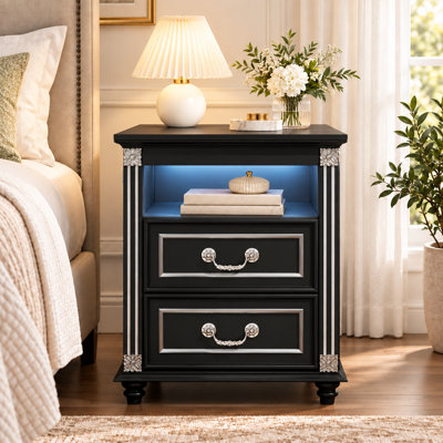 Nightstand With 4-in-1 Charging Station, 2 Drawers & Open Shelf, Vintage Style