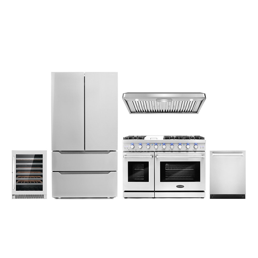 https://assets.wfcdn.com/im/74433062/compr-r85/2562/256284159/cosmo-5-piece-kitchen-appliance-package-with-french-door-refrigerator-48-gas-freestanding-range-built-in-dishwasher-under-cabinet-range-hood-and-wine-refrigerator.jpg