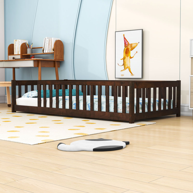 Twin Floor Bed With Safety Guardrails, Espresso