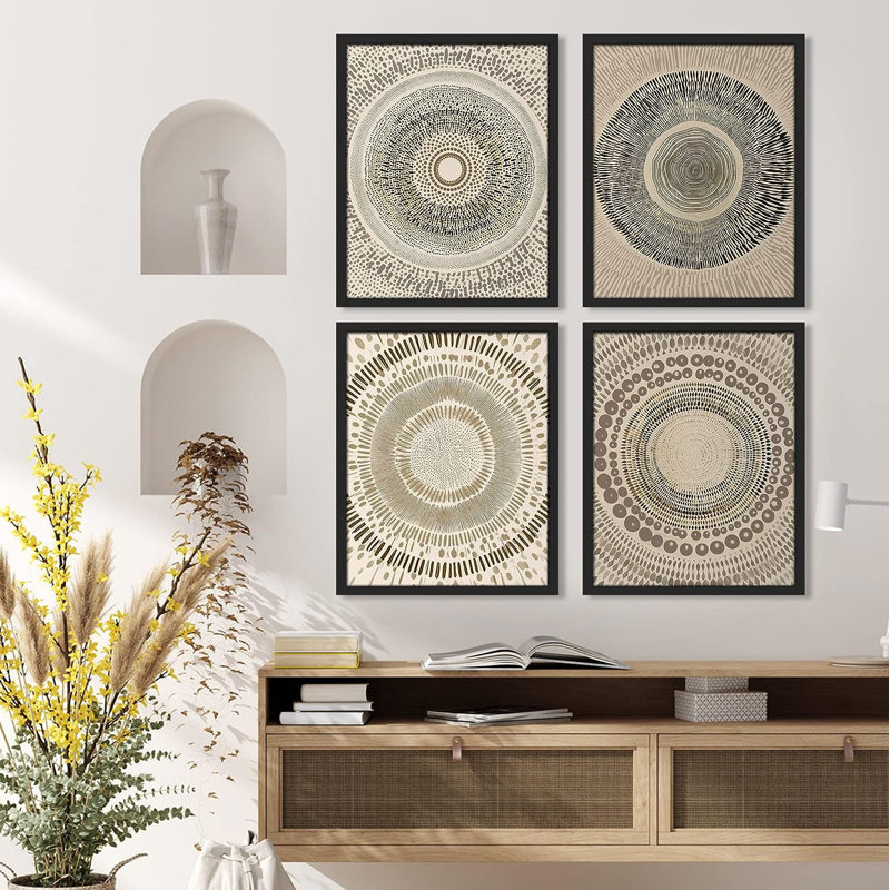 Muted Boho Abstract Geometric Bohemian Small Home Decor - Framed Poster Print 4 Pieces Wall Art Work, 10" H x 8" W, Black