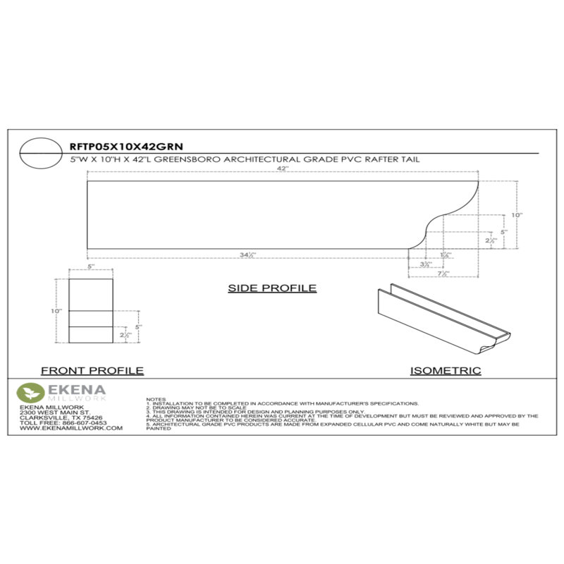 5"W x 10"H x 42"L Standard Greensboro Architectural Grade PVC Rafter Tail, 10"H x 5"W x 42"D