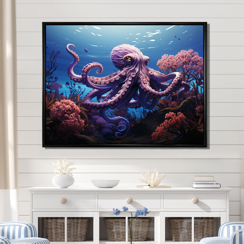 Mauve oasis de pieuvre I - art mural animaux côtiers, Cadre flottant noir, H 16 po x l 32 po x P 1 po
