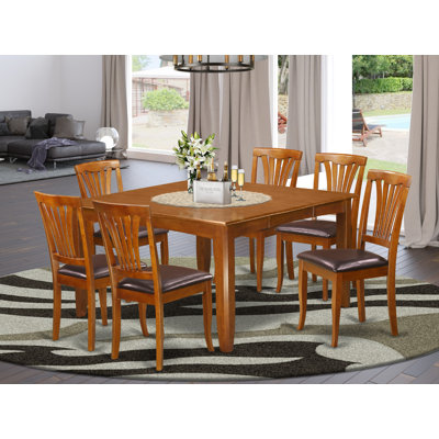 7 Piece Dining Table Set Consist of a Square Dining Room Table with Butterfly Leaf and 6 Faux Leather Chairs, Saddle Brown