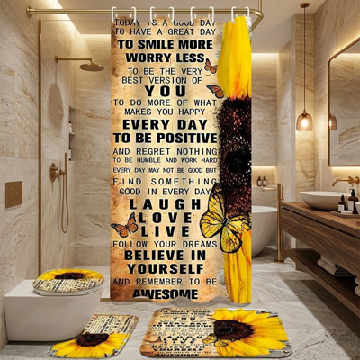 4pcs Shower Curtain Set Sunflower Bathroom Decor Inspirational Quotes Waterproof Curtain with Non Slip Rugs
