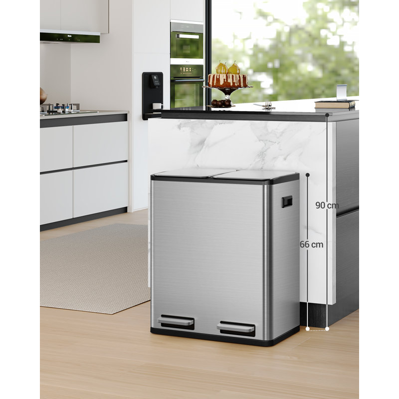 Kitchen Bin, Recycling Bins, Pedal Bin with Lid, Stainless Steel Kitchen Bins Recycling and Waste, Silent Slow-Down Closing Lid, With 15 Exclusive Trash Bags