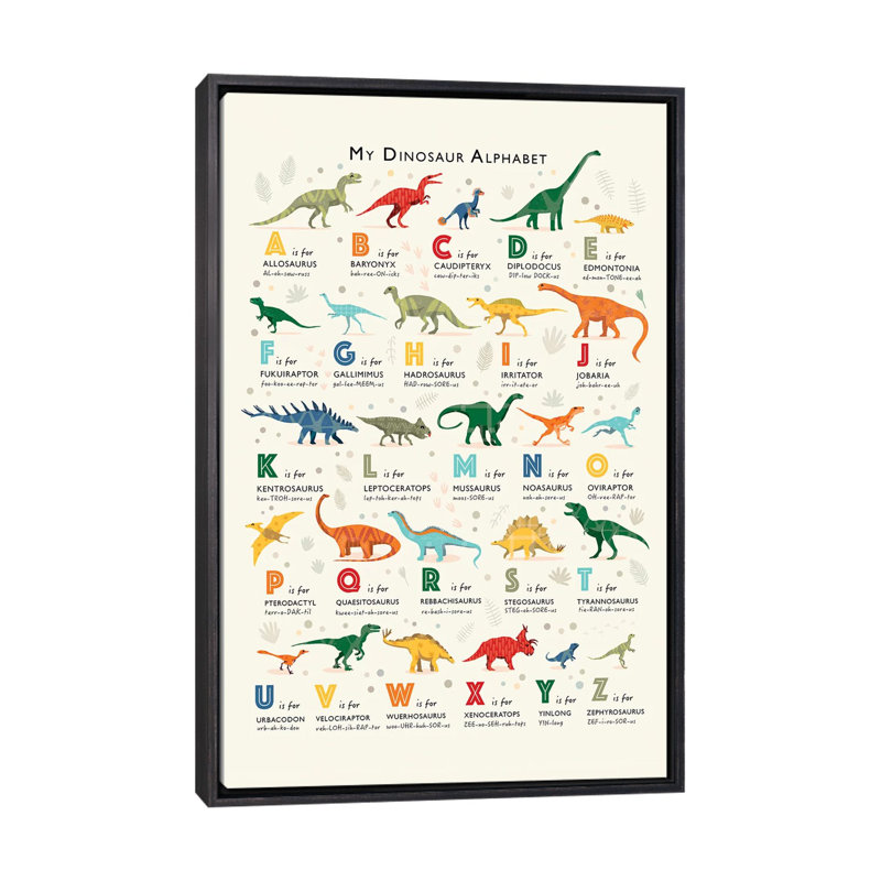 Dinosaur Alphabet - impression d'art graphique, Toile avec cadre noir patiné, H 40 po x l 26 po x P 1,5 po, Pas de tapis
