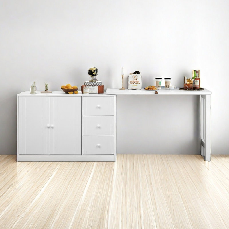 Buffet innovant avec 2 portes, 3 tiroirs et un plateau coulissant réglable pour une utilisation flexible, idéal pour le bureau, l'entrée et le salon