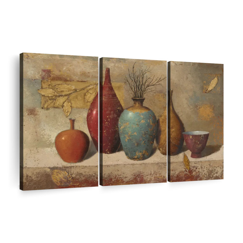"Feuilles et récipients avec brindilles", 3 pièces sur toile, H 32 po x l 50 po x P 1,25 po