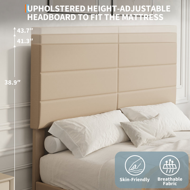 Structure de lit double tapissier en lin pleine grandeur, tête de lit réglable à 3 niveaux, support à lattes de bois, silencieux, aucun sommier requis, beige