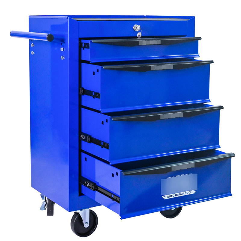 4, coffre à outils multifonctionnel, boîte en métal, glissières à roulement, serrure à clé, armoire à coffre en acier 20 po 4 po, finition noire et bleue, tiroir 4 roues universelles 2 verrouillables, poignée à tirer pour l'utilisateur