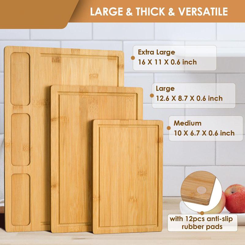 Cutting Boards for Kitchen, (Set of 3) Kitchen Chopping Board with 3 Built-In Compartments and Juice Groove Heavy Duty Serving Tray Wood Butcher Block and Wooden Carving Board