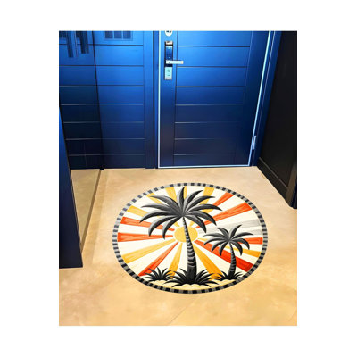 Rio Collection Sun and Palm Detailed Round Woven Base Modern Decorative Machine Washable Rug