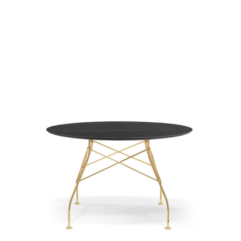 Glossy Round Dining Table, Black Marble, Gold, 50.39" W x 50.39" L